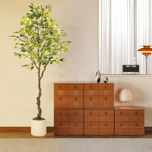 6 ft Artificial Lemon Tree Indoor, Pre Potted Faux Tree with Realistic Fruits & 100 Lighted Tree, Fake Tree for Home Decor; Artificial Plants Indoor for Office,Home,Living Room