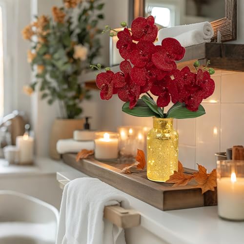 Oairse Red Orchids Artificial Flowers Faux Orchid Arrangement with Gold Glass Vase Real Touch Velvet Phalaenopsis Orchid Flowers Orchids Centerpiece for Dining Room Table - color: Red # Gold