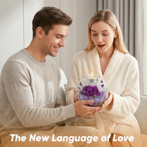 Preserved Real Rose in Glass with Scented Candles for Mom Her Wife Girlfriend Grandma Birthday Anniversary Romantic - color: Zenith Purple