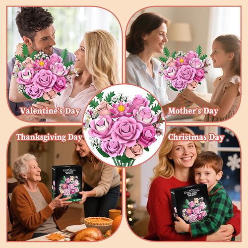 Pink Rose Bouquet Flowers Building Set, 834Pcs Roses Artificial Flowers Botanical Collection Kit for Adults Women & Men Gift for Xmax Gifts for Birthdays for Her Compatible with Lego Flowers