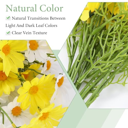 Artificial White Daisy Flowers, 6 Bundles 21” UV Resistant Outdoor Yellow and White Silk Daisies Flowers with Stems and Leaves Faux Greenery Shrubs Plants Arrangements for Home Garden Vase Decor