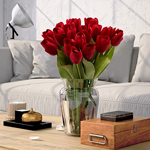 20PCS Artificial Tulips Real Touch Faux Flower Moisturizing Tulips for Photography Ornaments Home Garden Wedding Party Decor Fake Flowers (Red) - color: Red