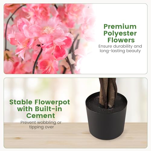 Goplus 5.5FT Artificial Cherry Blossom Tree, Fake Flower Tree, Faux Floral Plant Blooming Tree in Nursery Pot with Pink Flowers, Tall Potted Artificial Tree for Indoor Home Office Porch Decoration - color: Pink, size: 1 Pack