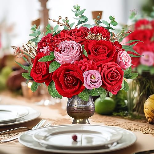 AGIRL Red Artificial Flowers Combo Fake Flowers Red Rose Silk Flowers Fake Floral Arrangements for Valentine's Day DIY Wedding Bouquets Centerpieces Table Decor Baby Shower Home Decor - color: Red