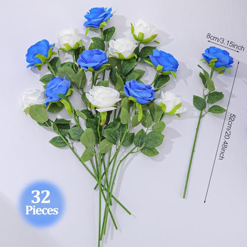 32 Pcs Blue, White Artificial Flowers Roses Fake, Silk Flowers with Stems for DIY Wedding Gothic Bridal Shower Centerpieces Arrangements Tables Decorations - color: Blue, White