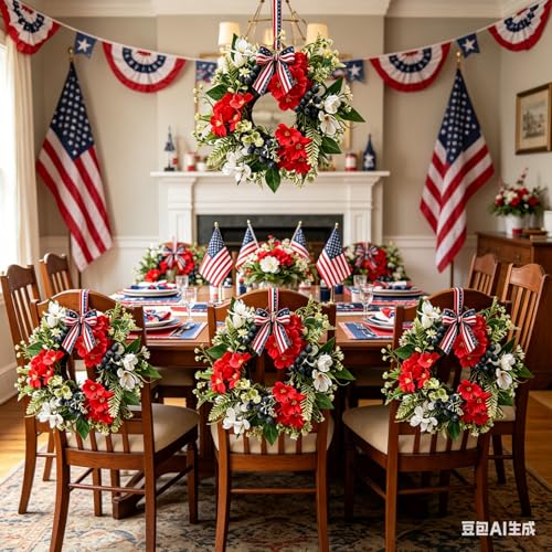 6 Pcs Small 4th of July Hanging Wreaths for Cabinets with Red Flowers White Blossoms Blue Berries American Flag Bow Mini Independence Day Candle Rings Wreath for Home Kitchen Front Door Window Porch - color: Patriotic-12