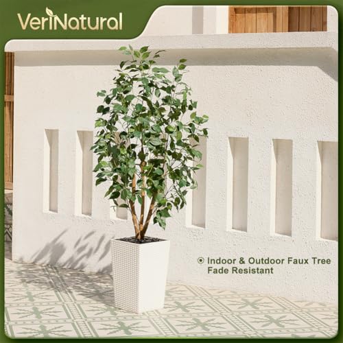 VeriNatural 5ft Artificial Ficus Tree,Tall Faux Tree with Pebbles & Planter UV Resistant Potted Fake Plant with Silk Leaves & Real Wood Trunk,Indoor Outdoor Floor Plant for Home,Living Room,VN129 - color: White, size: 5ft