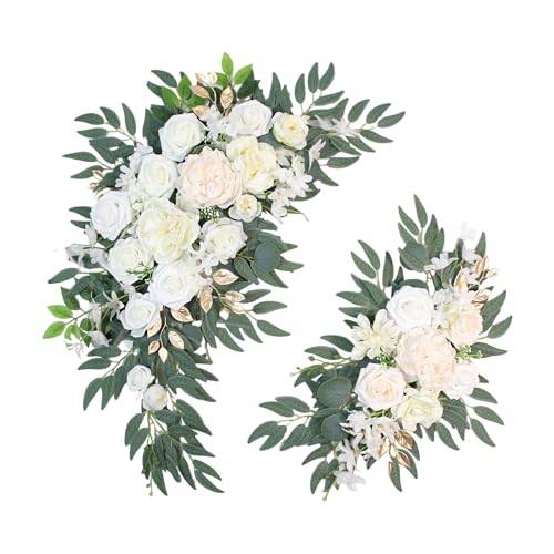 Odouzy Pack of 2 Wedding Arch Decorations Artificial Hanging Flowers Floral Swag for Wedding Welcome Sign Backdrop Balloon Arch Home Party Bridal Ceremony Reusable(White) - color: White