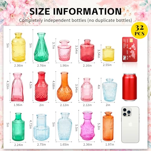 32 Pack Glass Bud Vase Set, Small Flower Vase Set Bud Vases for Wedding Centerpiece Table Decor, Vintage Small Vases for Room Home Dining Party Table Center Decor (Colorful Set, 32 Pack) - color: Colorful Set, size: 32 Pack