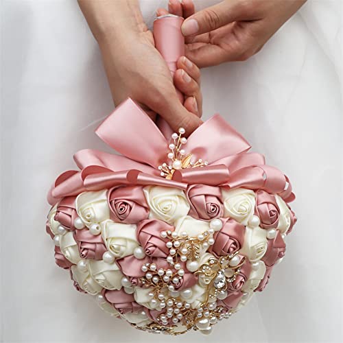 Sharebeauty 8.3 Inch Handmade Satin Rose Bridal Bouquet Toss Round Wedding Bouquet Throw Toss Artificial Flower Bunch Pastel Pink + Ivory - color: W322g50 Pastel Pink/Ivory, size: 8.3 inches / 21 cm
