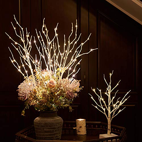 Hairui Lighted Artificial Twig Birch Tree Branch with Fairy Lights 32in 150 LED Plug in Lighted Willow Branch for Christmas Wedding Party Decoration 2 Sets (Vase Excluded) - style: White Birch+Warm White 2set