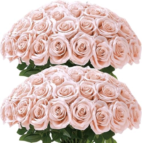 100 Pcs Artificial Roses Bulk Silk Blush Roses Pink Roses for Wedding Centerpieces Bridal Bouquet Mohter's Day Valentine's Day Home Decor - color: Blush