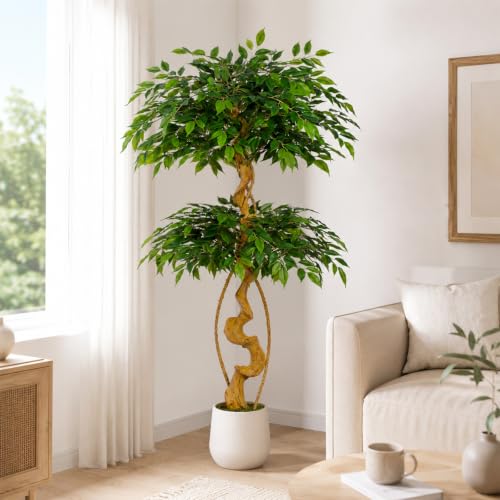 5FT Artificial Ficus Tree, 60in Fake Silk Tree with Natural Curved Trunk & 1488 Lush Leaves, Floor Faux Plant with White Pot, Low Maintenance Decor for Home, Office, Patio - color: Ficus Tree 5ft