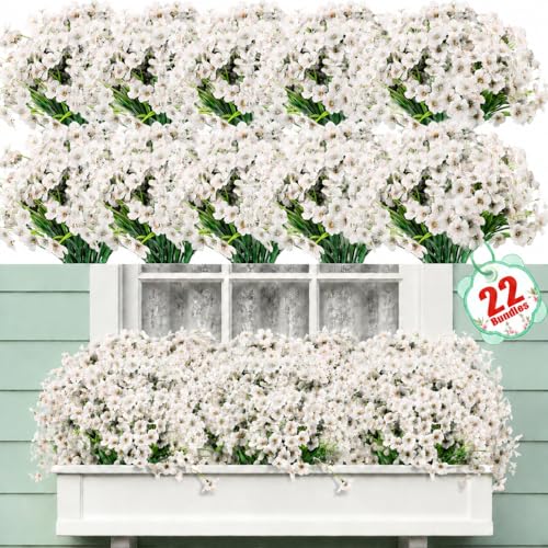 22 Pack Artificial Flowers Outdoor Fake Plants, Faux Flowers UV Resistant with Plastic Plants, Faux Silk Flowers for Outdoors Outside Front Porch Hanging Planter Window Box Garden Decoration(White) - color: White, size: 22 Bundles