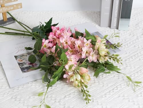 Pink Silk Delphinium Flowers Combo Clematis Greenery 8pcs Long Stem Pink Fake Larkspur Flowers Floral Arrangements for Tall Vase Table Party Home Decor - color: Pink
