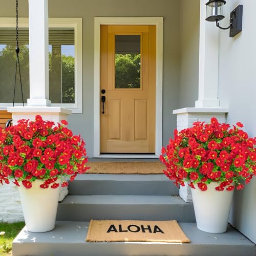 Ouddy Decor 24 Bundles Artificial Flowers for Outdoors Decoration Fake Silk Morning Glory Flowers Faux Eucalyptus Plants UV Resistant for Porch Patio Garden Spring Summer Home Decor, Red - color: Red