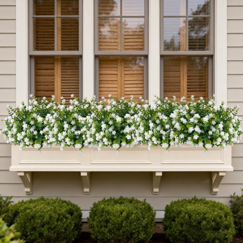 Artificial Flowers for Outdoors,12 Bundles UV Resistant Artificial Outdoor Flowers, Not-Fading Plastic Faux Flowers for Outdoor Planters for Home Garden Porch Yard Decor, White - color: White