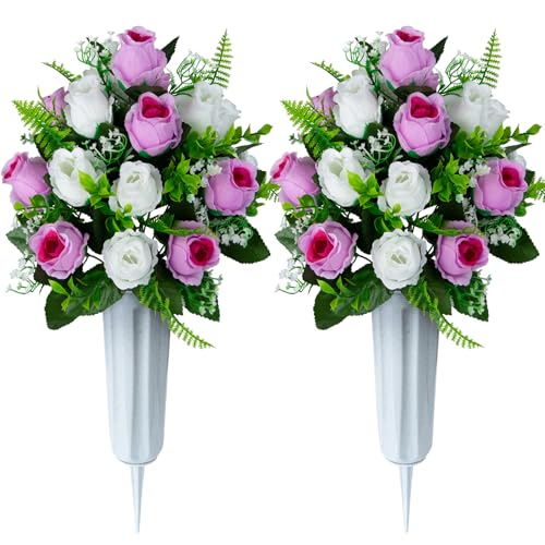 XONOR Artificial Cemetery Flowers for Grave Decorations, Artificial Memorial Roses Flowers Bouquet with Vase for Cemetery Headstones Decoration, 2 Sets (Pink&White) - color: Pink&white