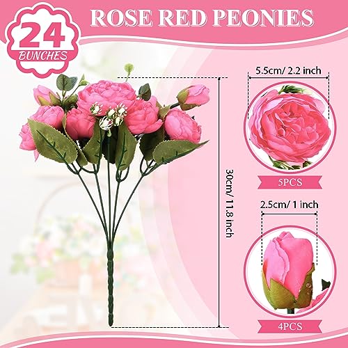 Hoteam 24 Bundles Artificial Peonies Flowers Wedding Faux Flowers Silk Peony Bouquet Bulk Bride Fake Florals Arrangements for Table Centerpieces Wedding Party Vase Decor (Hot Pink) - color: Hot Pink