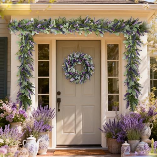 idyllic 6ft Lavender Bunny Ear Vine Garland Artificial Flower Decor for Front Door Window Porch Mantel Stair All Year Indoor Outdoor Home Decor - size: 6ft