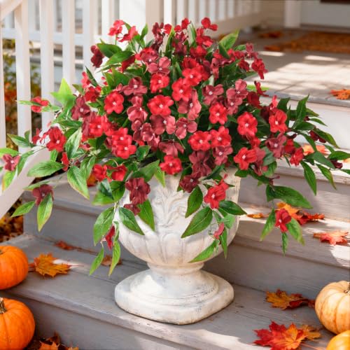 Hommyea Fall Artificial Flowers for Outdoor Fall Decor, 2 Bundles Fake Flowers UV Resistant Faux Silk Flowers No Fade Plastic Flowers for Outside Planters Home Porch Patio Yard Garden Decor - color: Red,reddish Brown