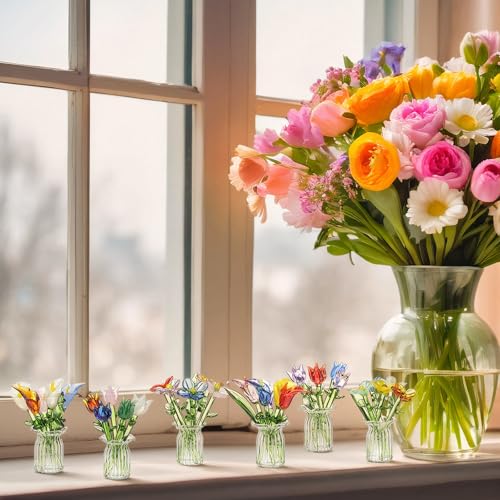 FoldTier 42 Pcs Mini Glass Flower Decoration Hand Blown Glass Flower Figurines Collectible Ornaments with Vase for Mothers Day Birthday Table Centerpiece Garden DIY Craft(Style 1) - style: Mixed