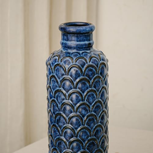 Ceramic Flower Vase,13.98" Tall Vintage Blue Pottery Vase for Home Decor, Rustic Textured Vase for Pampas Grass, Living Room, Entryway, Mantel, Kitchen Table - color: 103-blue