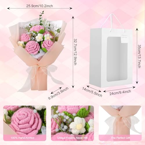 Foyucool Crochet Flowers Bouquet, Handmade Knitted Rose Bouquet with Gift Bag for Home Deocor, Crocheted Finished Flower for Wedding, Mother's Day, Teachers' Day and Valentine's Day, Pink White - color: Pink White
