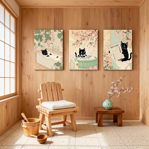 WENGTIAO Japanese Bathroom Wall Art Set of 3 Funny Black Cat Wall Paintings Cute Japan Cat Prints Pictures Animal on Toilet Photo Home Decor for Bathroom Restroom Laundry Room 16”x24”x3 - color: Black Cat Bathroom, size: 16"x24"x3Pcs