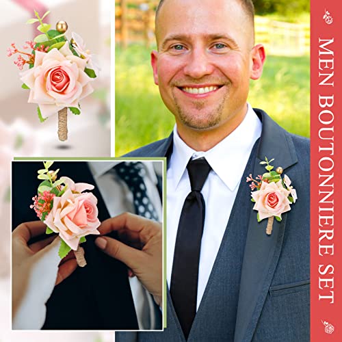 Sherr 12 Pcs Boutonniere for Men Wedding Flower Boutonniere Rose Corsage Set with Pin for Groom Groomsmen Prom Western Wedding Anniversary Dinner Fall Party Decor(Pink) - color: Pink