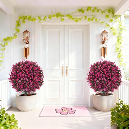 2 Pack 25" Artificial Red Eucalyptus Topiary Ball Tree for Outdoors Faux Evergreen Shrubs Plants with Ground Spike UV Resistant Fake Bushes Ball Trees for Outdoor Indoor Home Porch Patio Decoration - color: Red Eucalyptus