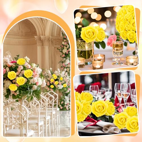 90 Pcs Yellow Velvet Rose Artificial Flowers with Long Stems, Fake Silk Roses Real Touch Fake Roses Florals for Birthday Wedding Bouquet Party Arrangement Decorations - color: Yellow