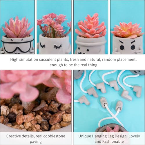 Set of 4 Artificial Potted Mini Succulent Plants - Small Fake Succulents in Hanging Leg Cement Pots, Desk/Bathroom/Bookshelf/Wall Decor for Home Office, Cute Office Decor for Women (Pink) - color: 4small-cool-pink