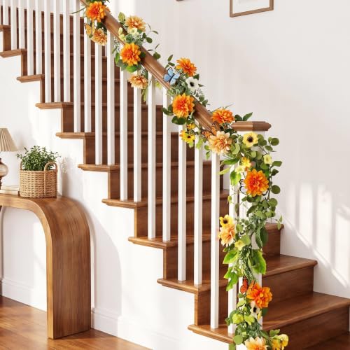 Giegxin 1 Pack 6 ft Artificial Flower Garland Flower with Dahlia and Daisy Yellow Fake Butterflies Wisteria Vines Summer Greenery Eucalyptus Garland for Wedding Mantle Porch Stair Table Indoor Decor - style: Dahlia,Daisy Flower,Butterflies