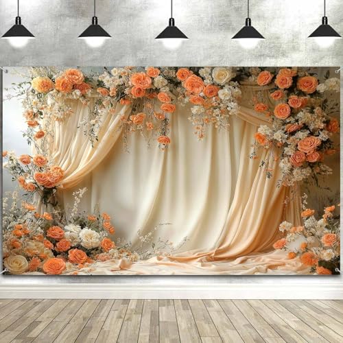 5X3ft Floral Photography Backdrop, Retro Flowers Backdrop Dreamlike Wedding Portrait Photo Background Romantic Wedding Birthday Bridal Shower Engagement Party Background Banner Decor, Orange-2 - color: Orange-2, size: 5x3ft