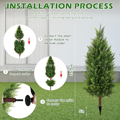 Sunnyglade 2 Packs 35.5" Artificial Cedar Tree, Fake Cedar Shrub Bushes Trees with Spike Faux Topiary Plants Tree for Indoor, Garden, Yard, Porch, Patio Decor (Cedar) - color: Green