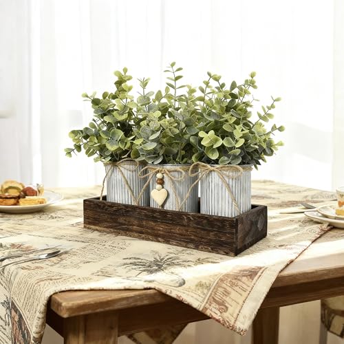 Rustic Farmhouse 3-Piece Artificial Eucalyptus Centerpiece – Wooden Tray with 3 Galvanized Metal Pots & Faux Greenery – Table Decor for Dining Room, Kitchen, Living Room, Bathroom, Office - color: Eucalyptus Plants