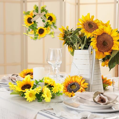 6 Pcs Small Sunflower Wreaths with Ribbon for Cabinet Front Door Mini Artificial Floral Hanging Wreath 3" Spring Summer Fake Yellow Daisies Wreaths Farmhouse Pillar Window Home Wall Party Décor - color: Sunflower