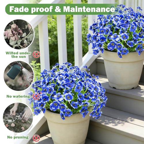 Nepfaivy Artificial Flowers Outdoor Blue - 24 Bundles Fake Flowers for Outside UV Resistant with Realistic Plastic Plants, Real Looking Faux Silk Flowers for Planters, Front Porch, Garden Decoration - color: Blue