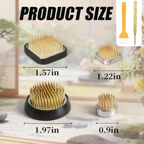 4 Pcs Flower Frog Pin Holder Set - 2 Round & 2 Square (0.9", 1.2", 1.57", 1.97") Floral Arrangement Frogs Vases with Straightener & Cleaning Brush - Ikebana Flower Holder Tools for DIY Crafts