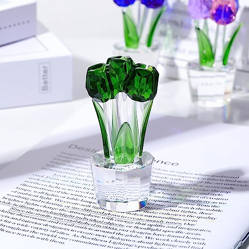 Qianwei Crystal Tulips Flowers Figurine Green with Vase - Glass Flower Bouquet Collectible Figurines Crystal Office Home Decor Paperweight - Tulip Gifts for Women Mom Bestfriend Wedding Anniversary - color: Green Tulip