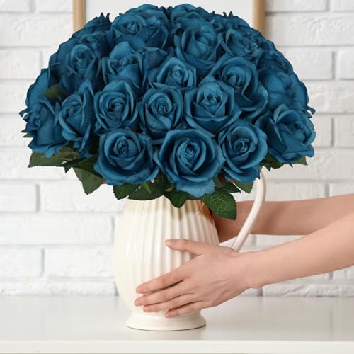 30pcs Fake Roses Artificial Silk Flowers Long Stems Bouquet for Wedding Bridal Shower Party Home Decoration (Teal) - color: Teal