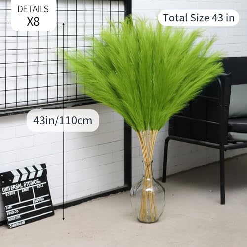 43" Green Pampas Grass Decor - 8 PCS Tall Faux Pampas Grass for Floor Vase Fluffy Artificial Pampas Grass for Wedding Boho Home Baby Shower Mothers Day Decoration - color: Grass Green