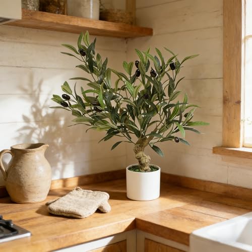 Fake Olive Tree with Pot Indoor, 21" Artificial Olive Tree Stems Potted Greenery Tabletop Faux Green Plants in Pot for Office Bedroom Bathroom Kitchen Living Room Home Decor - color: 21in