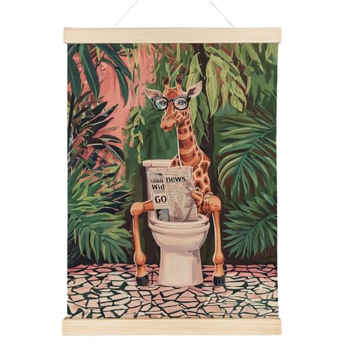 Nrleey Funny Bathroom Poster Hanger Frame - Giraffe Tropical Wall Art with Wooden Poster Hanger, Giraffe Art Decor, Funny Animal Bathroom Wall Art Decor, 12x16 Inches - color: Giraffe