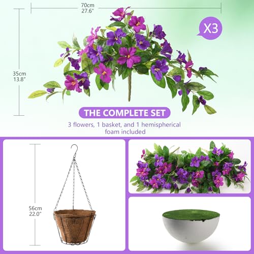 Homsunny Artficial Fake Hanging Flowers Plants with Baskets, 3PCS Silk Faux Outdoor Flowers UV Resistant Real Touch Plastic Flowers for Spring Garden and Home Patio Yard Decor (Light Purple Red) - color: Double Orchid With Basket