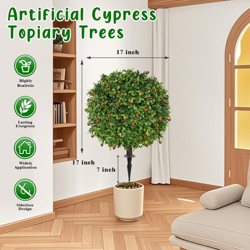 Grooy 2 Pack Artificial Olive Topiary Tree, Artificial Shrub Bushes with Ground Spike, Fake Evergreen Tree for Porch, Artificial Plants for Outdoor Planters Indoor UV Resistant - color: Olive