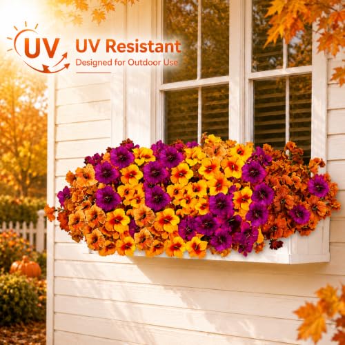 Geegoods Artificial Fall Flowers for Outdoors, 12 Bundles Fake Petunias | UV resistant realistic silk blooms for pots, patios, porches and front yard decor - color: Mix 4 Colors, size: 12 Bundles-Small Petunias