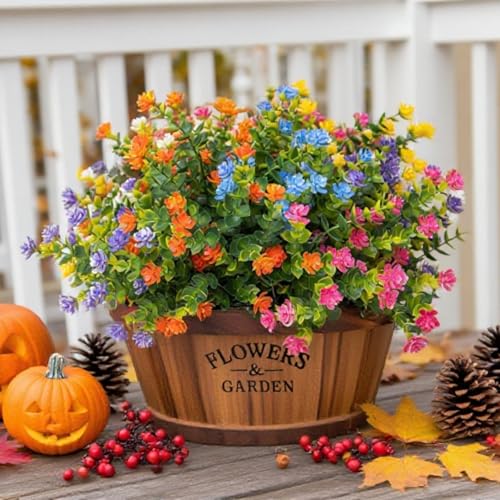 Fall Artificial Flowers for Outdoors, 12 Bundles UV Resistant Fall Flowers Outdoor, Not-Fading Plastic Faux Fall Flowers for Outdoor Planters for Home Garden Porch Yard Decor, Mixed Color - color: Orange+purple+pink+blue+white+yellow