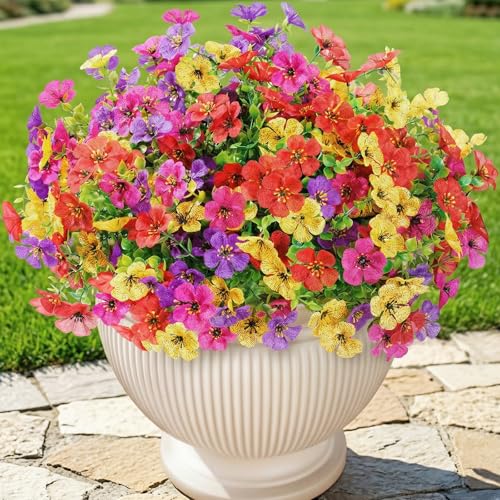 Lifewit Artificial Flowers for Outdoor Indoor, 12 Bundles Plastic Fake Flowers Daisy with Eucalyptus Leaves for Home Garden Decor, Porch, Window Box(Mix for Fuchsia Purple Yellow Red) - color: 4 Mix Color(fuchsia Purple Yellow Red)